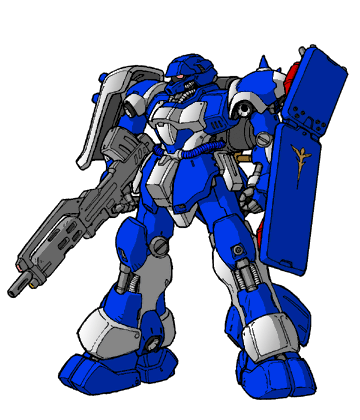 AMS-119 Geara Doga, in Heink Ittens' personal colors (blue and silver,) with a Beam Machinegun and a Geara Doga Shield storing Panzer Fausts