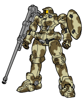 OZ-06MS Leo, in a desert-use camoflage scheme, with optional shield and Dober Gun