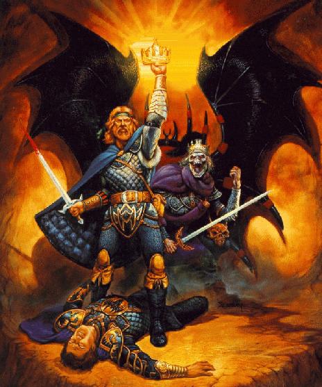 A warrior seizes a crown with skeleton, or skeleton is sneaking up behind him