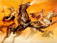 Valkyries on horses holding spears in their hands