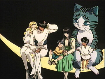 Shion, Mokuren, Alice, Rin, Kyaa, little Shion sitting on a cresent moon.