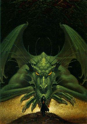 Dragon staring at lone dark walker.