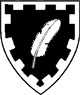 My Arms: Sable, a feather bendwise sinister within a bordure embattled argent.  (October 2005 LoAR)