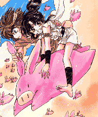 Ashura and Ryu-ou riding a pink flying animal