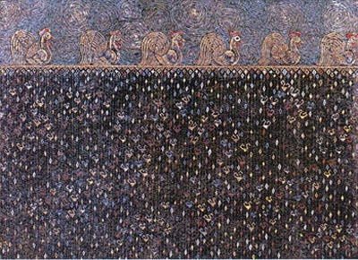 Woodcut Print of Chickens Walking on Horizon