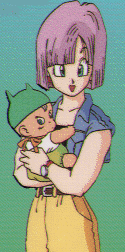 Bulma, a sua companheira e o filho de ambos, Trunks