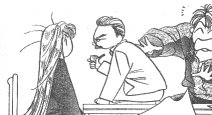 Old man (Tsukasa) on a desk in front of Rui