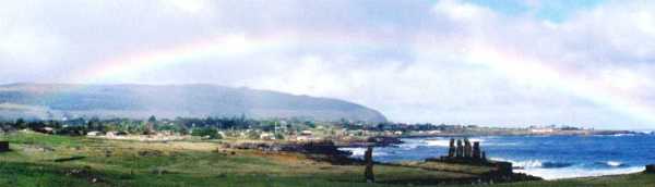 Moai with Hanga Roa in the background
