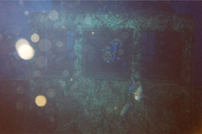 Diver finning through front window in Rozi bridge