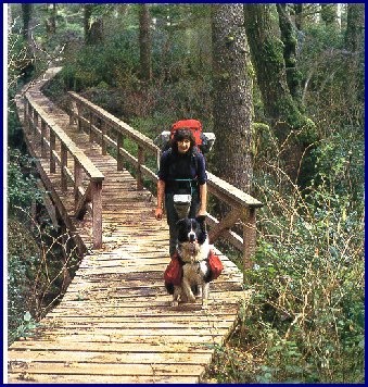 Woman and Dog on wide boardwalk
