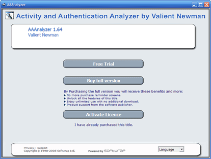 Activity and Authentication Analyzer Softwrap™ initial dialog box