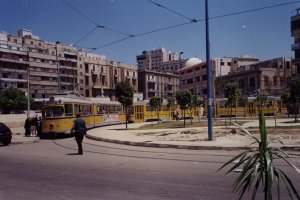 Trams waiting at St. Catherine Circle, Mansheia district, April 2001.