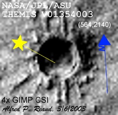 4x zoom of splatter crater at (564, 2140) in V01354003.IMG, showing sun and north azimuths.