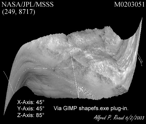 'King Face' rendered with the shapefs.exe GIMP plug-in, at (45°, 45°, 85°) viewer position.