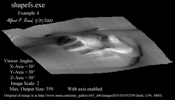 shapefs.exe example 4 (Figure 6) image showing feature in MGS/MOC E0202550 at (196, 4885), rotated (30, 30, 30), scaled 2.