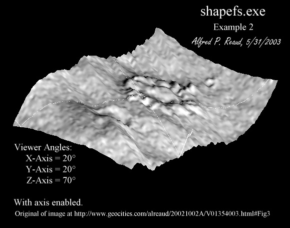 shapefs.exe example image 2 (Figure 3) showing feature in THEMIS data release V01354002 at (483, 2964), rotated (20, 20, 70).