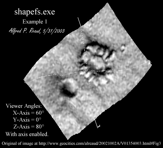 shapefs.exe example image 1 (Figure 2) showing feature in THEMIS data release V01354002 at (483, 2964) rotated (60, 0, 80).