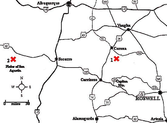 Roswell area map - click to visit an explaination of 'the Six Crash Sites'...