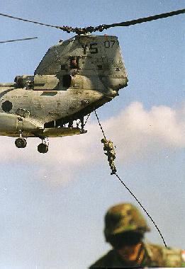 'Charley' Company, 1st Regiment personnel fast roping from a USS Nassau Sea Knight helicopter during joint training with USMC Advanced Recon