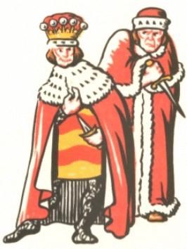n lord in sy hermelyn-gevoerde toga, en agter hom n laird met heelwat minder pelswerk