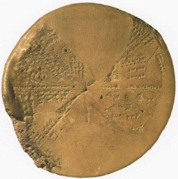 'three stars each'; tablets like this appeared in Babylonia after about 1000 BC; they are astronomical calendars; also incorrect called 'astrolabes' or 'panispheres' [they contain no planets]