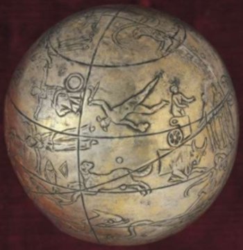 kugel globe: cassiopeia, andromeda, perseus, auriga, pisces, triangulum, aries, gemini, cetus, orion