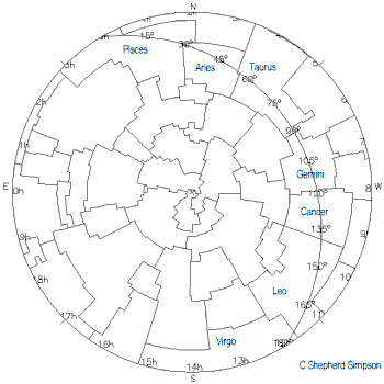 Constellation chart of the northern sky at summer solstice.