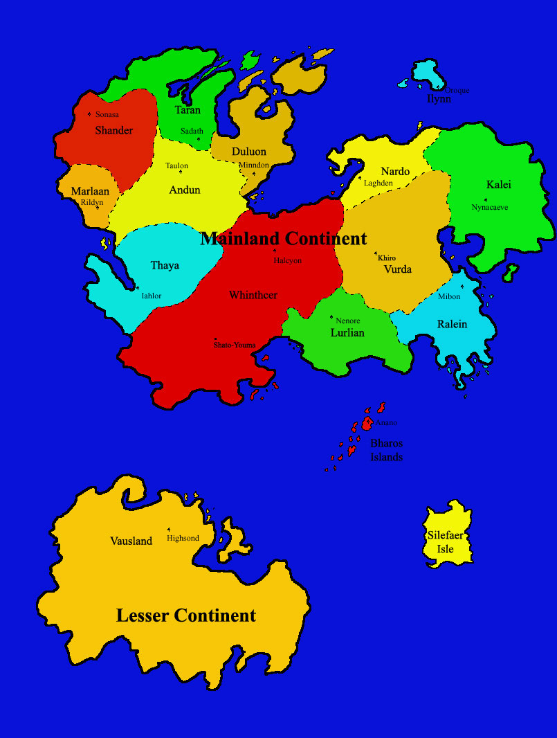 The current countries/provinces and their capitals. Though officially united after Tarivan's conquest and subsequent subjugation, they are still allowed some autonomy within their borders. The Empirical captial and site of the Royal Palace is in Halcyon.
