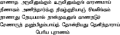 kANAdha aruvinukkum uruvinukkuN^ kAraNamAy ,
     n^INAgam aNin^dhArkku n^igazkuRiyAny chivaliN^gam ,
     n^ANAdhu n^EdiyamAl n^AnmukanuN^ kANan^aduch ,
     chENArun^ thazaRpizambAyth thOnRiyadhu theLin^dhArAy
               - periya purANam