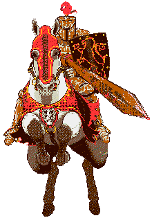 A RUSTED KNIGHT ON A DECORATED HORSE