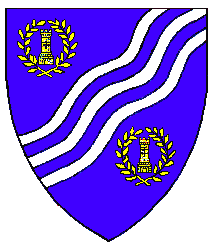Azure, three bendlets sinister wavy argent between two towers, each within a laurel wreath or