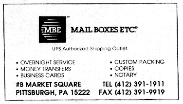 Mail 
Boxes Etc. business card, #8 Market Square, Pgh., PA 15222