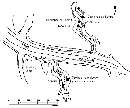 Plano del Royal Wadi, o localización de las tumbas reales.