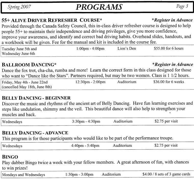 Activity Guide Page 3 55+ Alive Driver Refresher Course, Ballroom Dancing, Belling Dancing, Bingo
