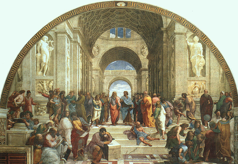 RAFFAELLO Sanzio, The school of Athens, 1509, with Leonardo da Vinci as Platon in the background center, talking to Aristoteles