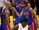 Detroit's Richard Hamilton congratulates Chauncey Billups after their Game One win ...