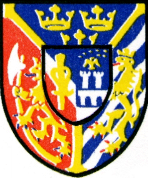 wapen van koning Carl XIV, met Kalmar in die skildhoof, Noorwee in die regterderde en Folkunga in in die linkerkant, met n binneskild van Vasa met Bernadotte gedeel
