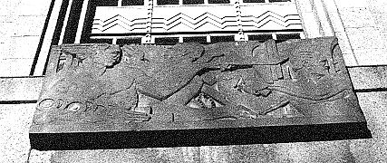 Carved panel representing the God Lugh, by G Hayes 1942, on the former Department of Industry and Commerce, Kildare Street,Dublin.