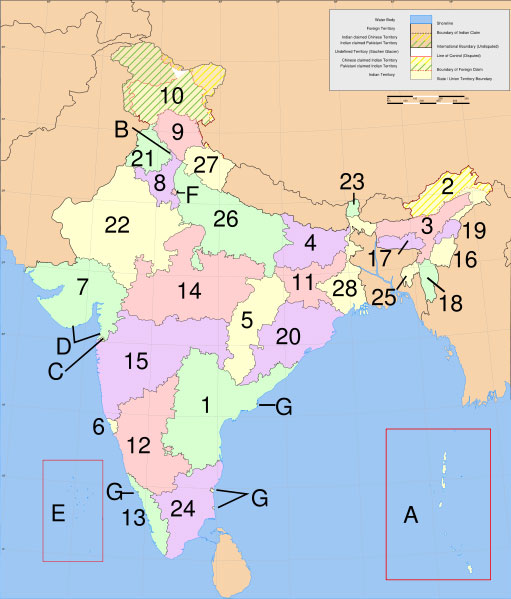 Mapo de Barato kun la 
  Gubernioj kaj la Asociaj teritorioj; bildo danke al 
http://en.wikipedia.org/wiki/Image:India-states-numbered.svg