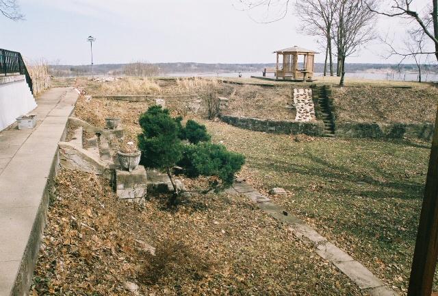 The last remnants of the Hubinger estate - the foundations of the Upper Lake.  Note the stairway at left and lake walls in stone. (2008 photo)