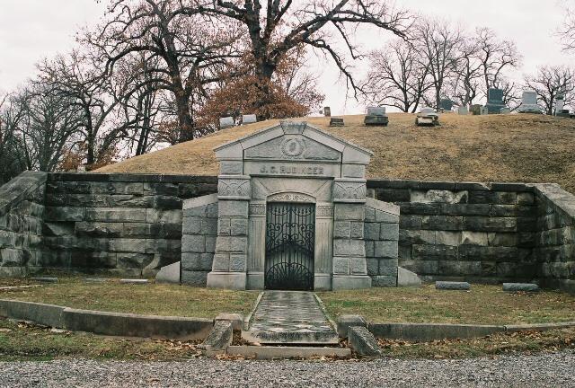 J.C. Hubinger Mausoleum, Oakland Cemetery, Keokuk, IA.  Leading citizens of Keokuk served as his pallbearers. (2008 photo)