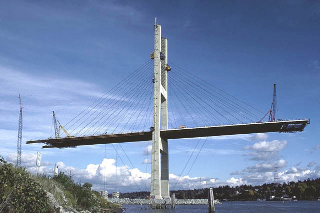 The Alex Fraser Bridge designed by Buckland and Taylor, seen here under construction.