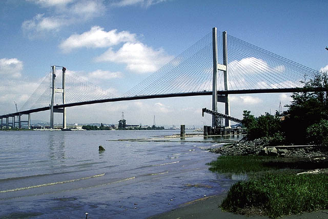 The Alex Fraser Bridge spans the Fraser river near Vancouver.