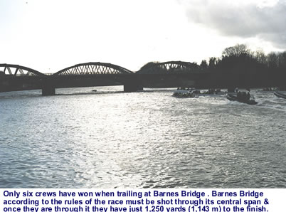 The opposing crews shot through the central span of Barnes Bridge with Oxford leading.