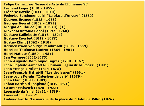 Caixa de texto: Felipe Cama... no Museu de Arte de Blumenau SC.  
Fernand Lger (1881 - 1955) 
Frdric Bazille (1841 - 1870)  
Federico Zandomeneghi  La place d'Anvers (1880)  
Georges Braque (1882 - 1963)
Georges Seurat (1859  1891) 
Giorgio de Chirico (1888-1978)  (+)  
Giovanni Antonio Canal (1697 - 1768) 
Gustave Caillebotte (1848 - 1894) 
Gustave Courbet (1819 - 1877) 
Gustav Klimt (1862 - 1918)  
Harmenszoon van Rijn Rembrandt (1606 - 1669) 
Henri de Toulouse Lautrec (1864 - 1901) 
Henri Matisse (1869  1954)  
Jan Vermeer(1632-1675) 
Jean-Auguste-Dominique Ingres (1780 - 1867) 
Jean-Baptiste Armand Guillaumin  Quai de la Rape (1881)  
Jean Franois Millet (1814-1875) 
Jean-Franois Raffalli  Les declasses (1881)  
Jean-Louis Forain  Interieur de caf (1879)  
Joan Mir  (1893 - 1983)
Johan Barthold Jongkind (1819-1891) 
Kasimir Malevich (1878 - 1935)
Leonardo da Vinci (1452 - 1519) 
Lovecraft... Devir  
Ludovic Piette Le march de la place de l'Htel de Ville (1876) 
