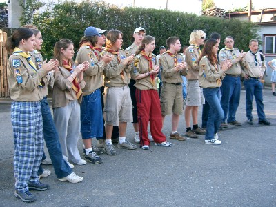 Venturers cheer on the Czech Scouts at a Square Dance demonstration
