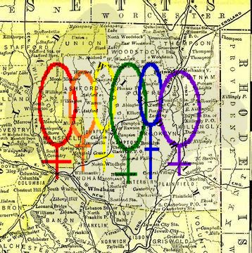 Portion of old map of Connecticut, showing Windham County area in northeastern Connecticut with women's symbols superimposed over it.