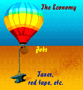 [Giant anvil (labeled 'taxes') 
holding hot-air balloon (labeled, 'economy' down]
