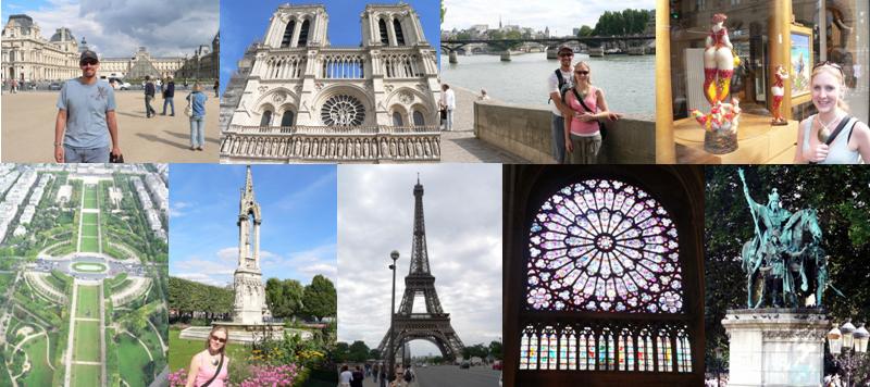 [left to right, clockwise] Me at the Louvre; Notre Dame; Sal & I by the Seine; Fat bum art; the view from Eiffel; Sal in the Notre Dame gardens; The Eiffel Tower; The Notre Dame Rose glass; Love this statue! It is like something from Lord of the Rings.
