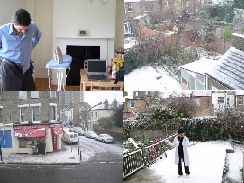 Some photos of our UK Home. Top: getting dressed for my first solo client visit; Our back yard. Bottom: The shop across the street; Sal in the snow.